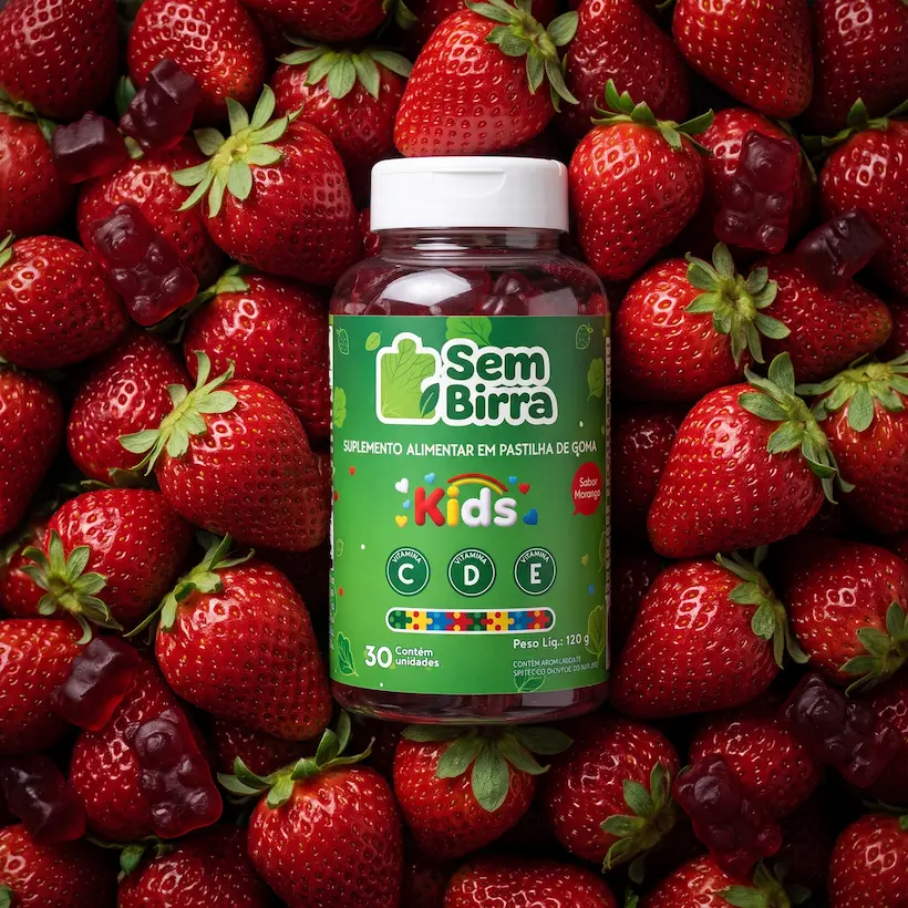 Pote de Sem Birra Kids sabor morango, com 30 gomas, sobre morangos frescos